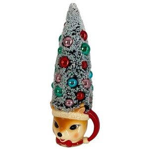 Vintage inspired Chr Decor Reindeer Mug Flocked Tree with ornaments Kitschy